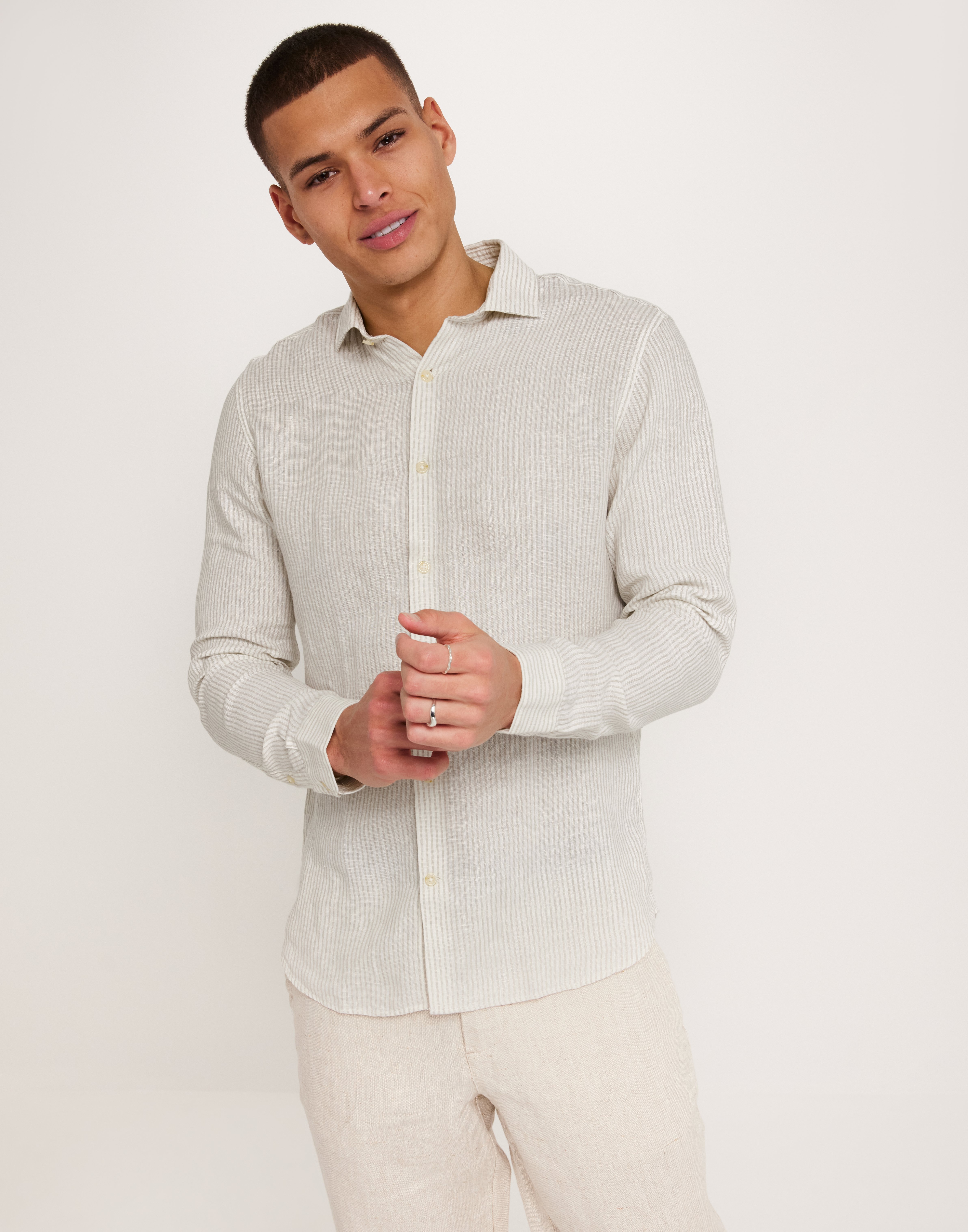 Jack & Jones Jprblaparker Linen Stripe Shirt L/S Hørskjorter Grå