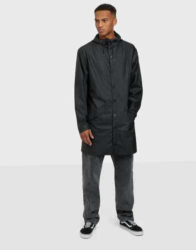 Rains Long Jacket lång regnjacka i svart med luva och tryckknappar