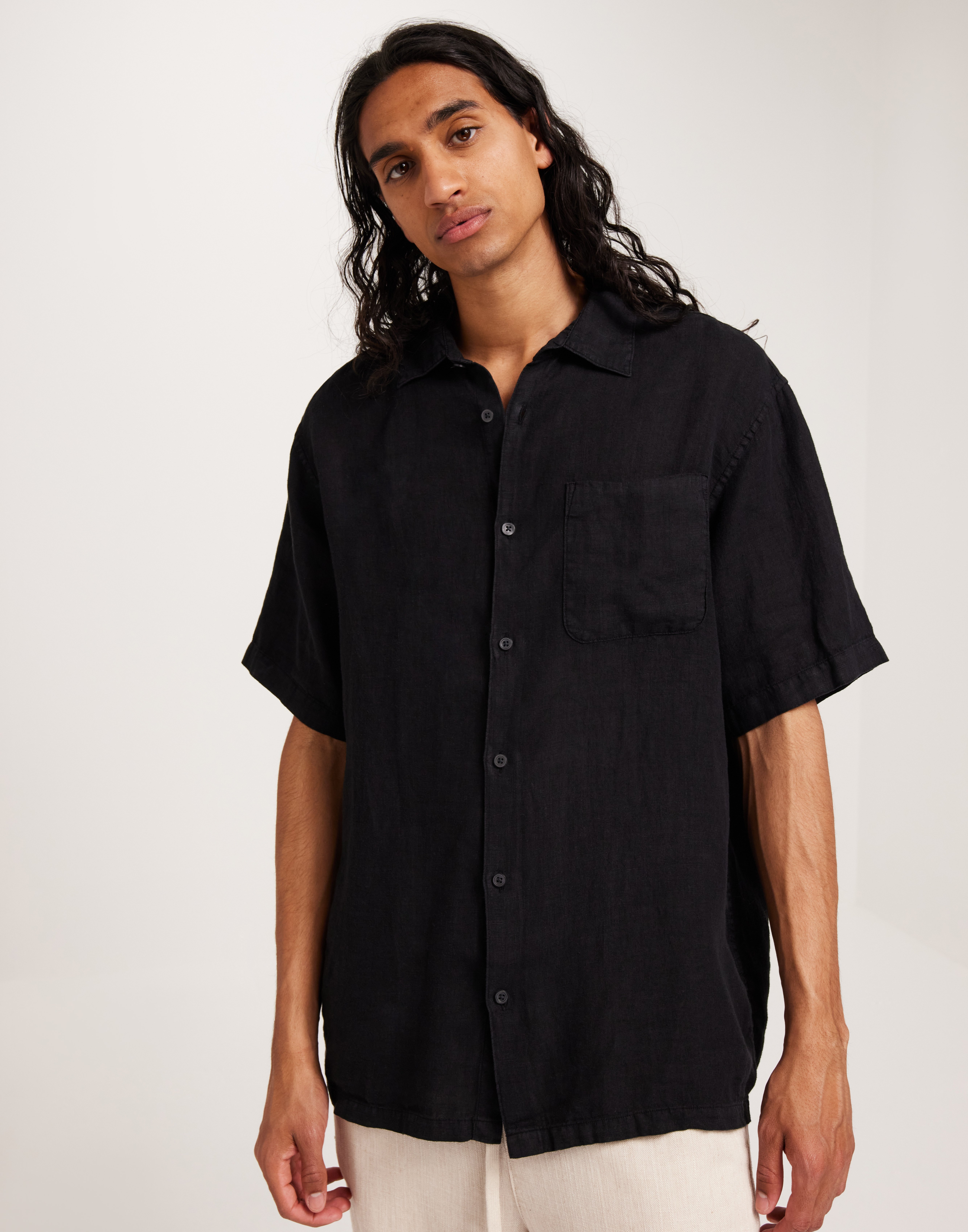 Buy Mads Nørgaard Dyed Linen Victor Shirt SS - Black | NLYMAN
