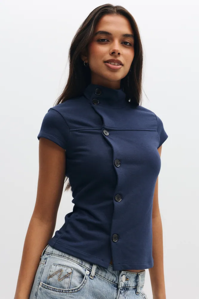 High Neck Button Top