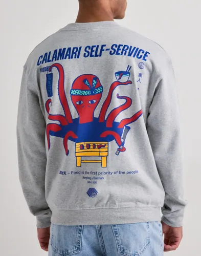Woodbird Cane grå sweatshirt med broderad logga och ryggtryck