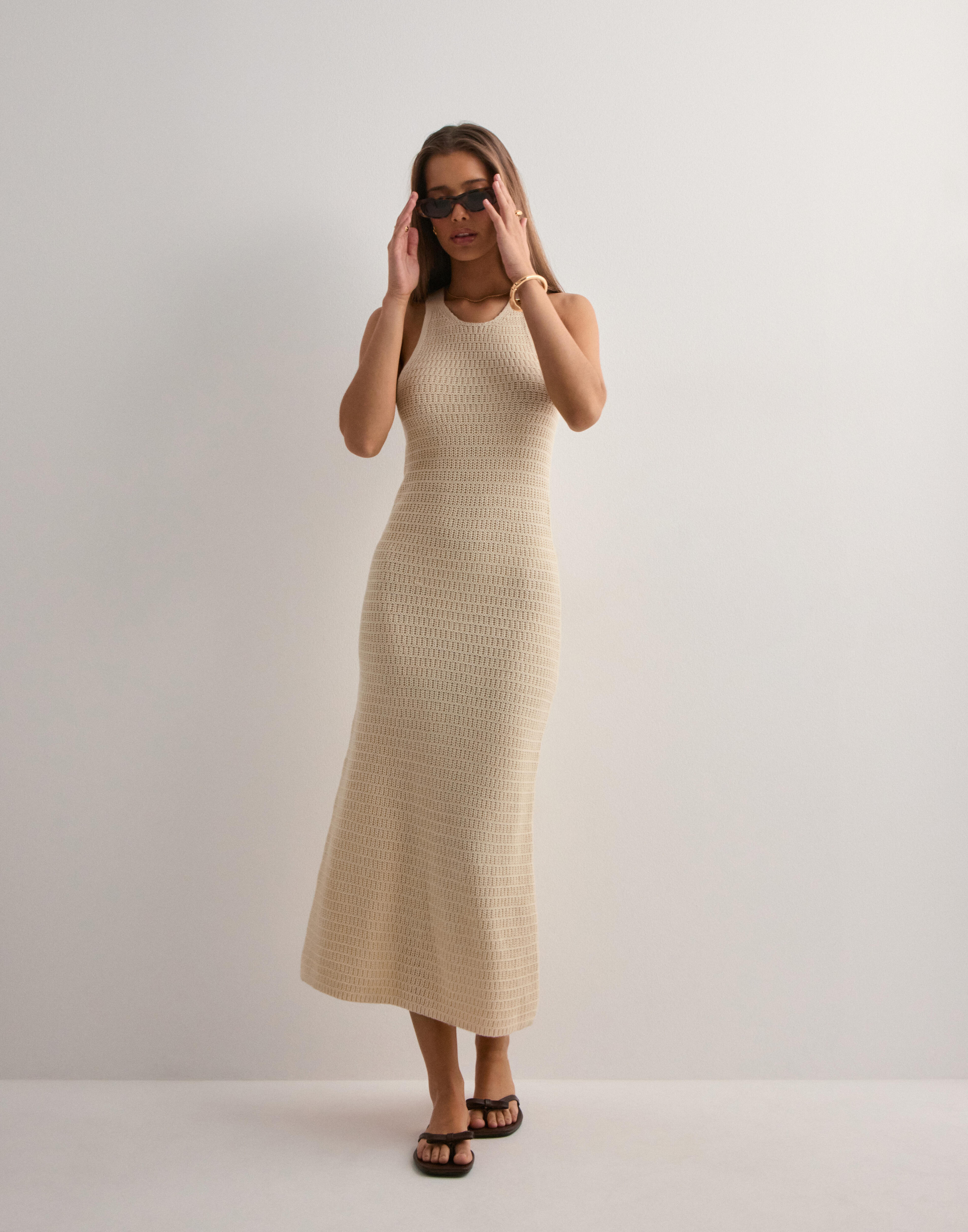 a beige dress