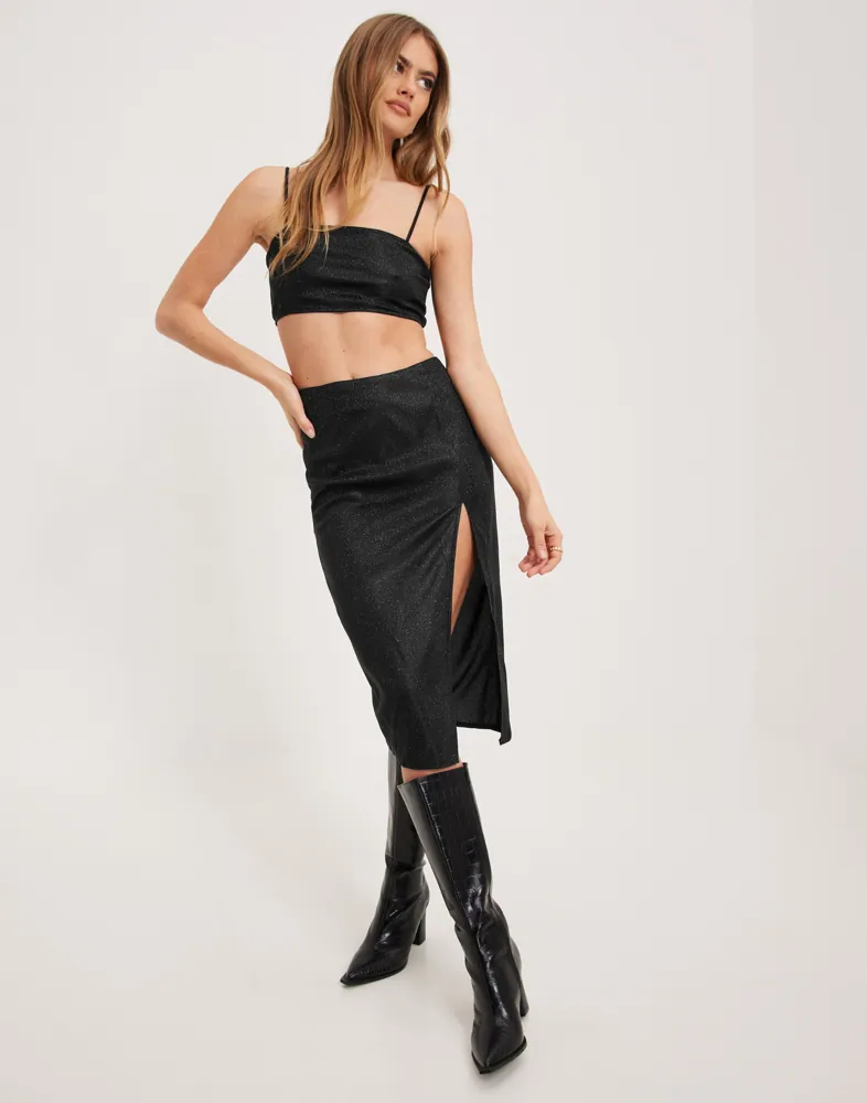 Buy Public Desire GLITTER MIDI SKIRT WITH THIGH SPLIT Black