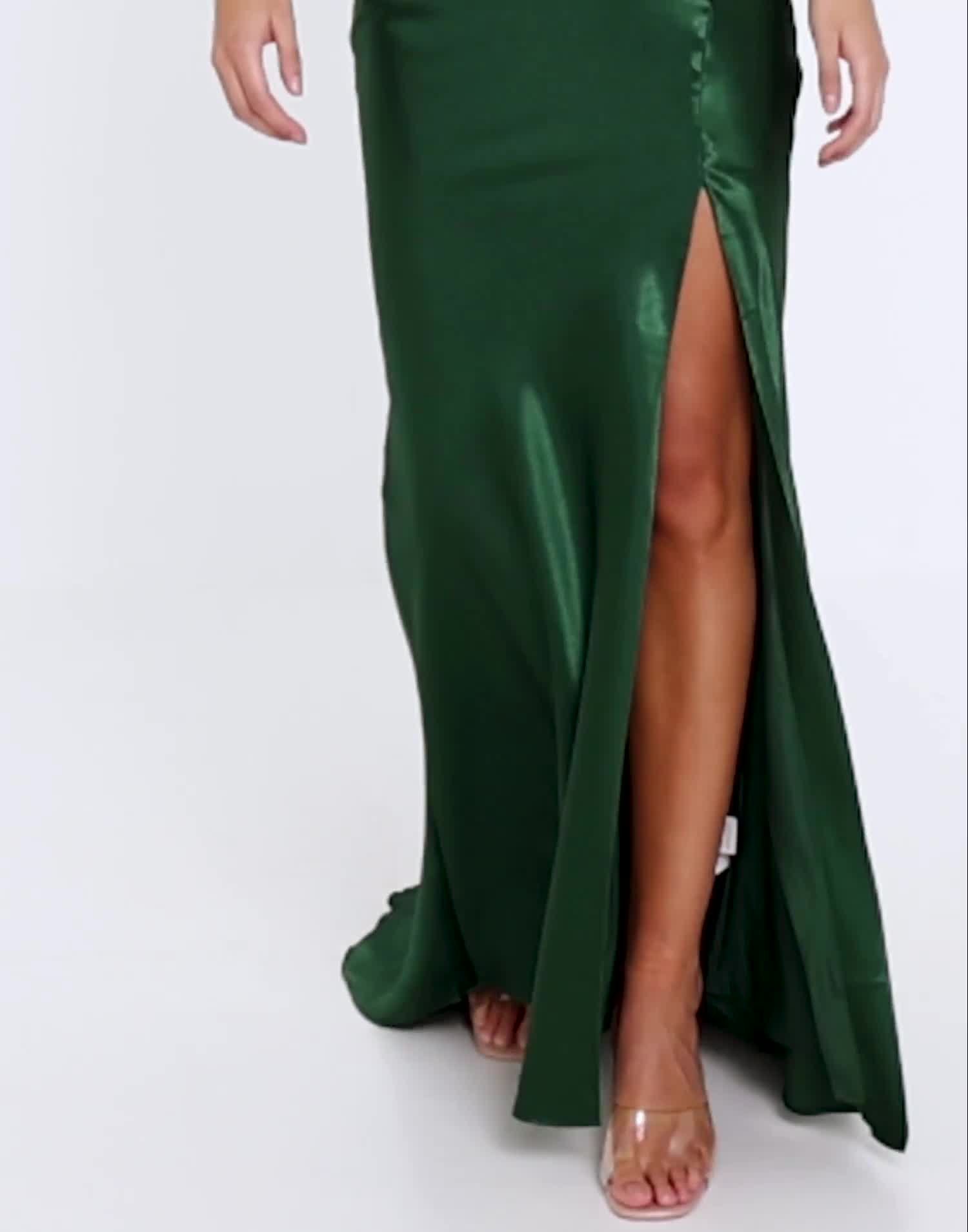 true decadence green dress Celia Emerald-Green Pleated Satin Halterneck Maxi-Dress main image 0