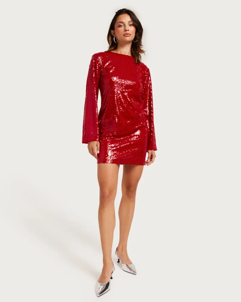 knee length dresses for ladies Katya Sequin Round Neck Slit Dress – Royal + Reese main image 1