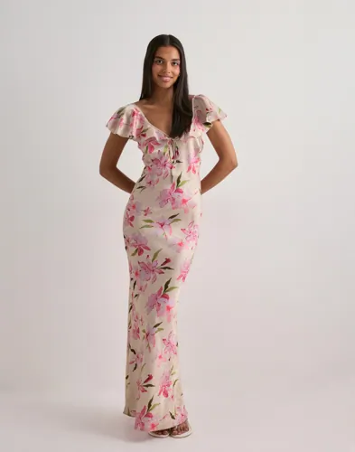 strapless open back dress White and Pink Floral Dress S