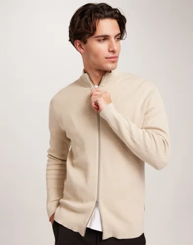 Beige Only & Sons stickad kofta med hög krage och dragkedja framtill