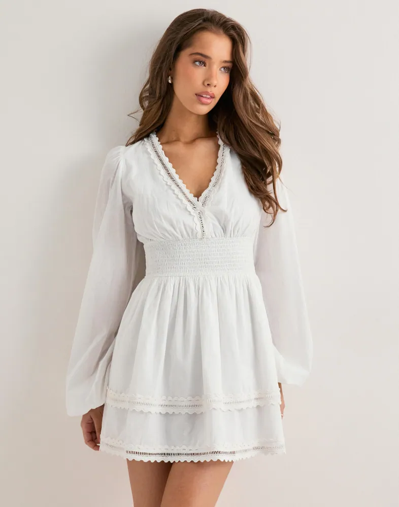 green emerald velvet dress Berylove Women White Lace Long Sleeve Mini Dress Jewel Neck A Line Little White Dress, White / US8 main image 1