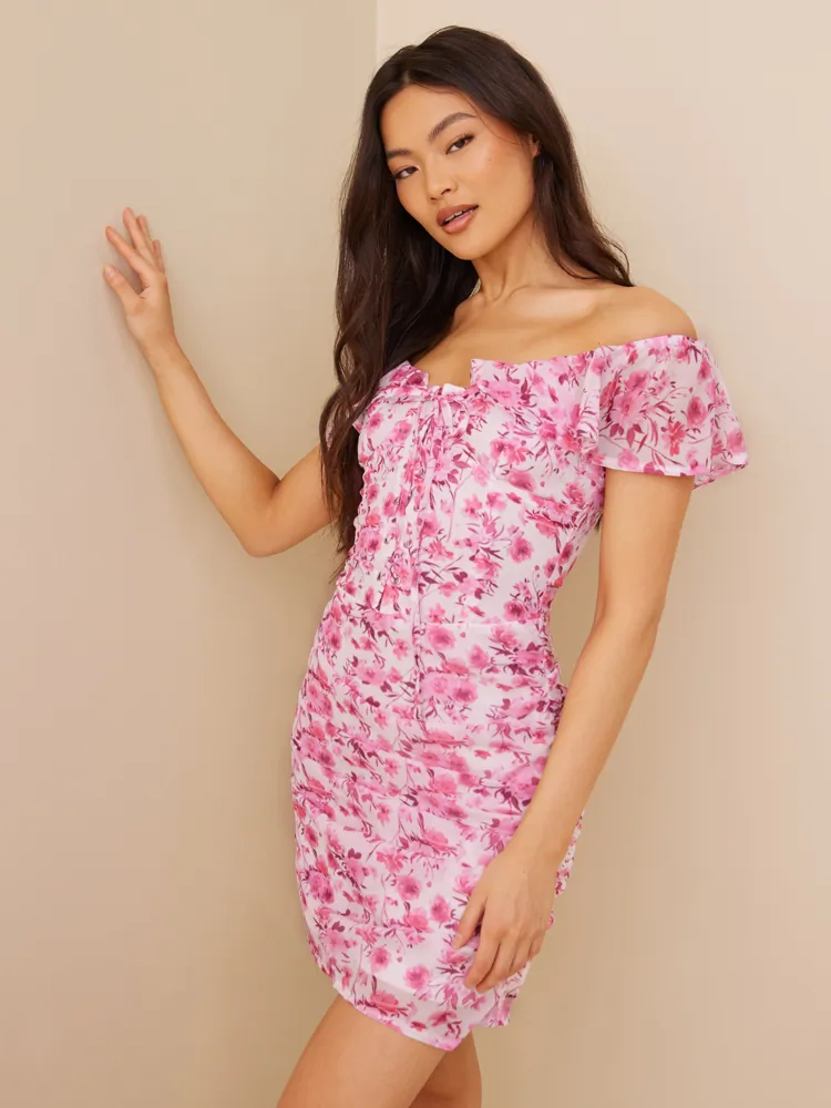 strapless open back dress Short Floral Dress with Bardot Neckline main image 1