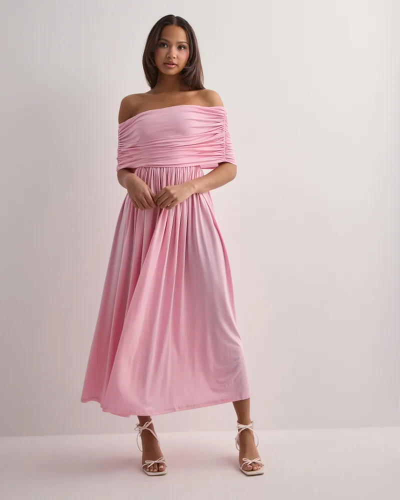 knee length dresses for ladies Pink Off-the-shoulder Short Midi Prom Dress A line Tulle Party Dress JKL3127 main image 1
