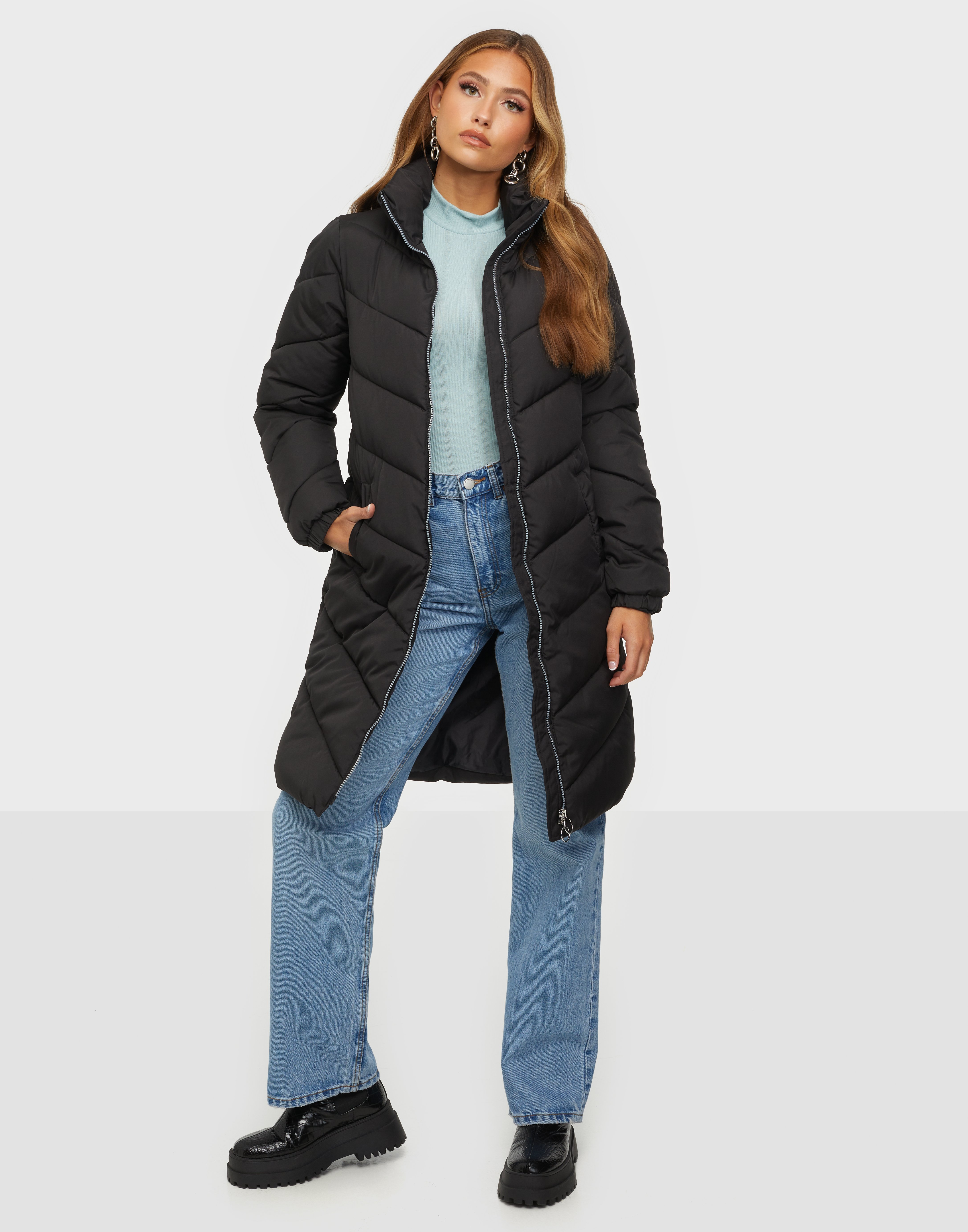 JUEMI【Field Padding Long Coat】コート　ダウン Buy JDY JDYNEWFINNO LONG PADDED JACKET OTW - Black Silver Zip