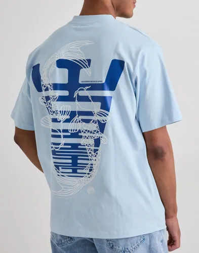 Woodbird blå t-shirt för herr med tryck på bröst och rygg