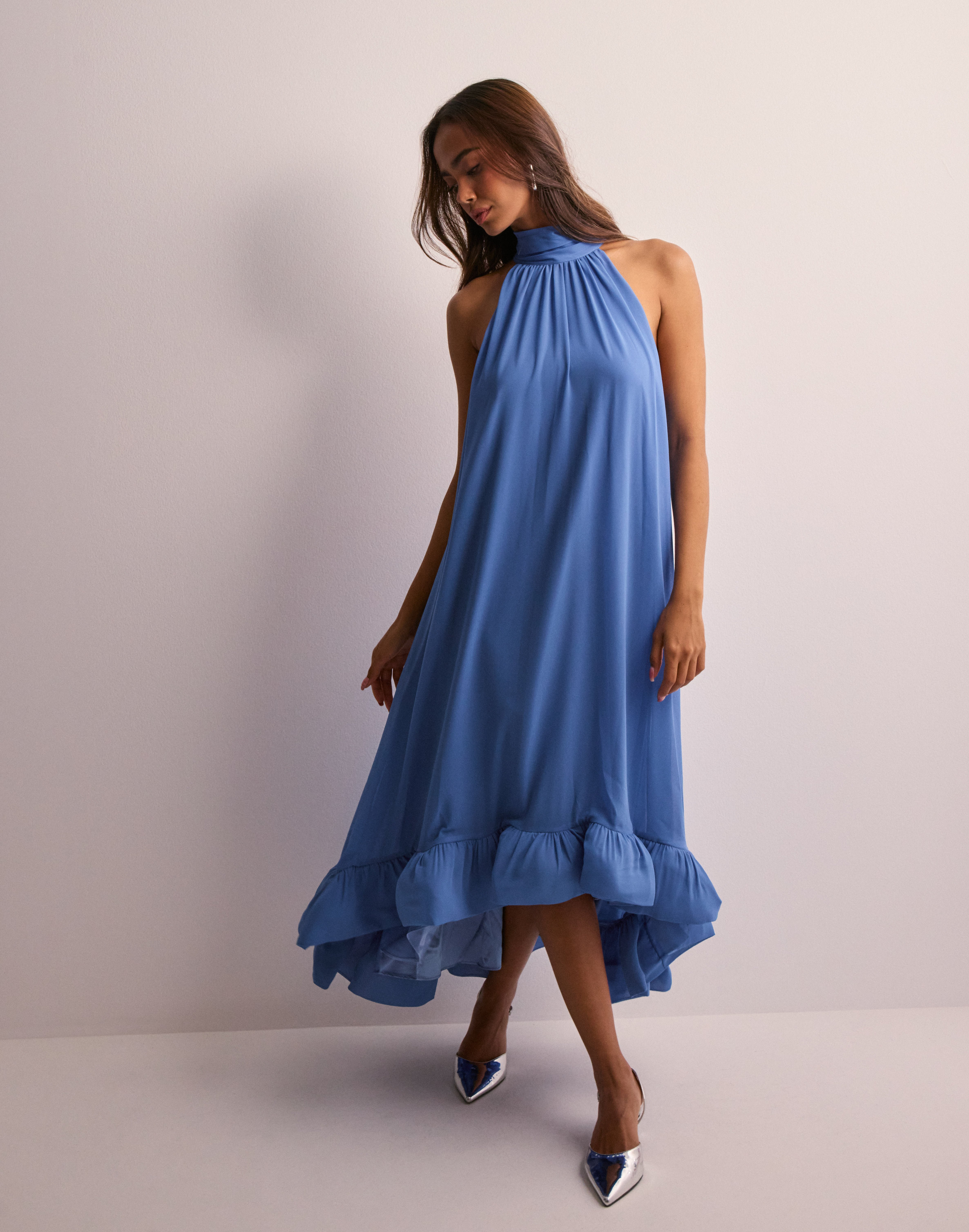 Buy Malina Sabrina halterneck ruffled maxi dress - Azure Blue | Nelly.com
